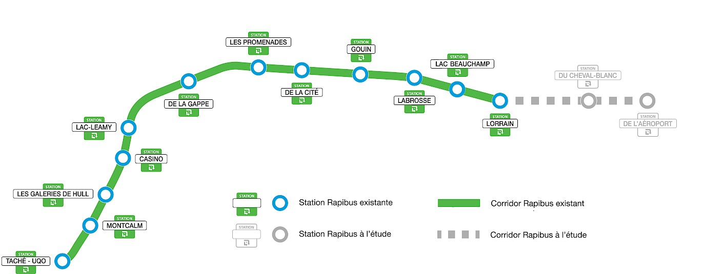 Rapibus system illustrating the 12 stations and the projected extention to boulevard de l'Aéroport